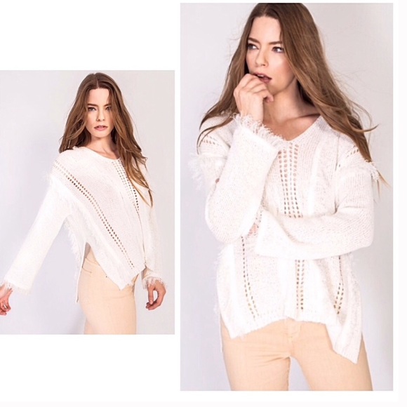🍃🍂Geo Fringe Crisp White Boho Pullover Sweater - Picture 3 of 9